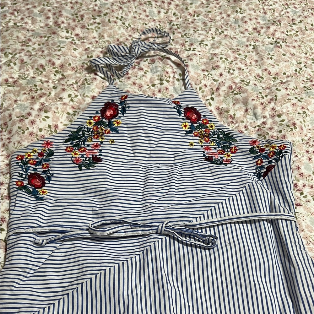 Speechless Blue and White Striped Dress with Pink Floral Accents